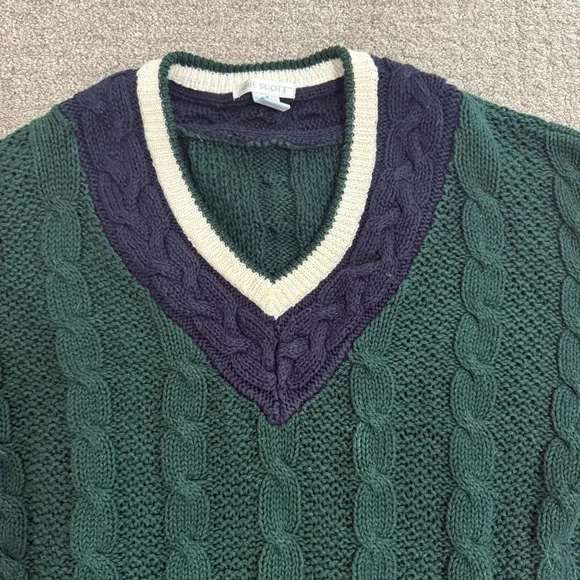 Jamie Scott Green Cable Knit V Neck Tennis Sweater Navy Cream Preppy Medium - Picture 2 of 8